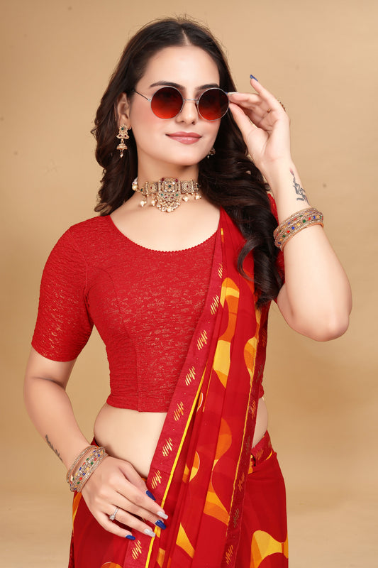Buy Round Neck Jacquard Elbow Sleeve Red Readymade Saree Blouse for women Online.