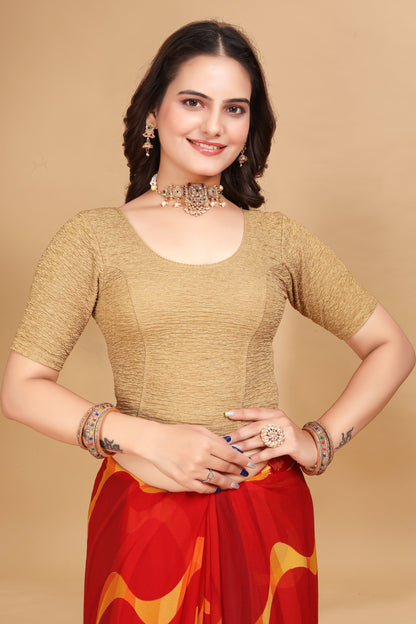 Buy Round Neck Jacquard Elbow Sleeve Skin Readymade Saree Blouse for women Online.
