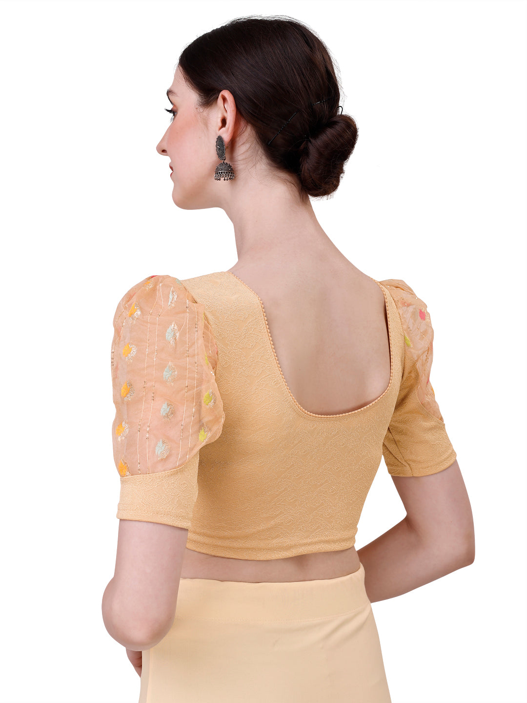 Buy Round Neck Lycra Stretchable Puffed Elbow Sleeve Readymade Saree Blouse for Women  Online