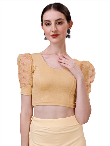 Buy Round Neck Lycra Stretchable Puffed Elbow Sleeve Readymade Saree Blouse for Women  Online