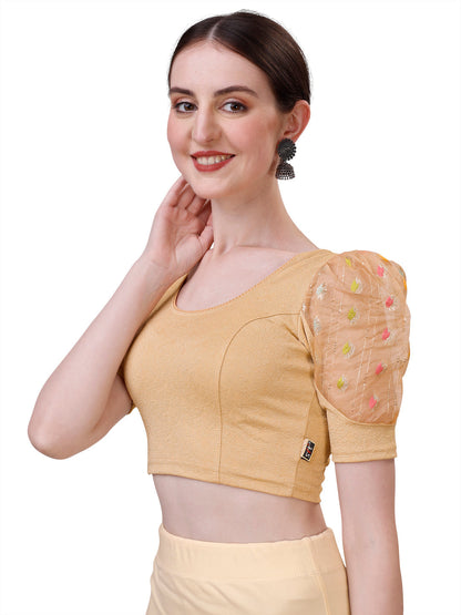Buy Round Neck Lycra Stretchable Puffed Elbow Sleeve Readymade Saree Blouse for Women  Online