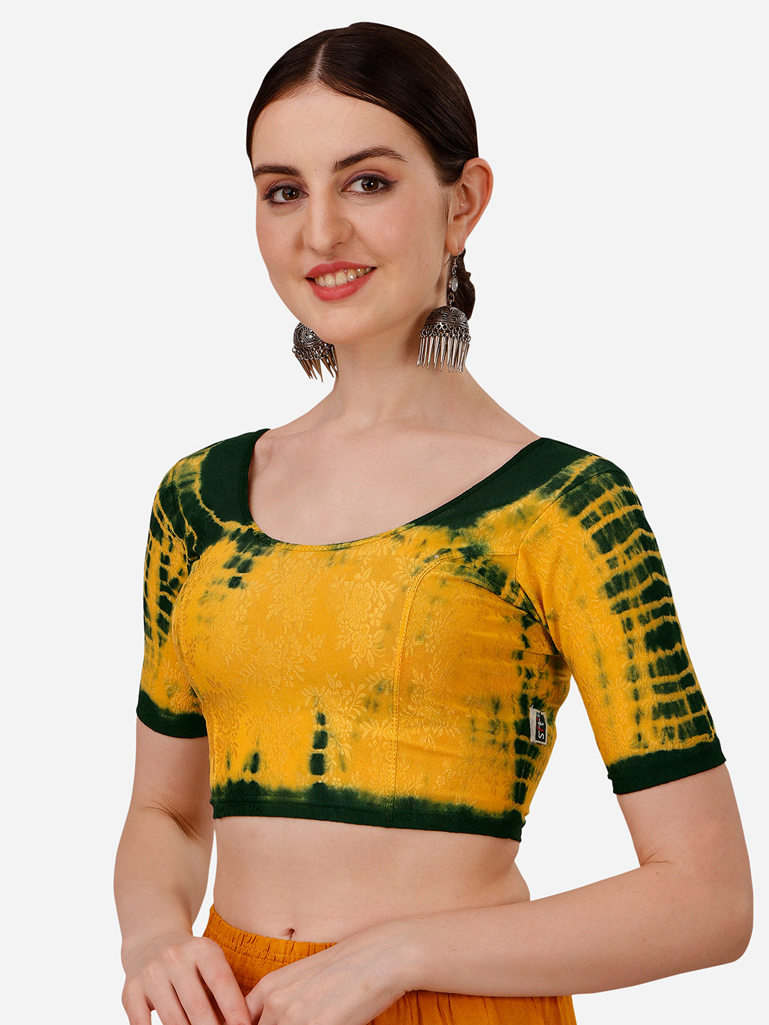 Buy Round Neck Nylon Lycra Stretchable Elbow Sleeves Readymade Saree Blouse Online.