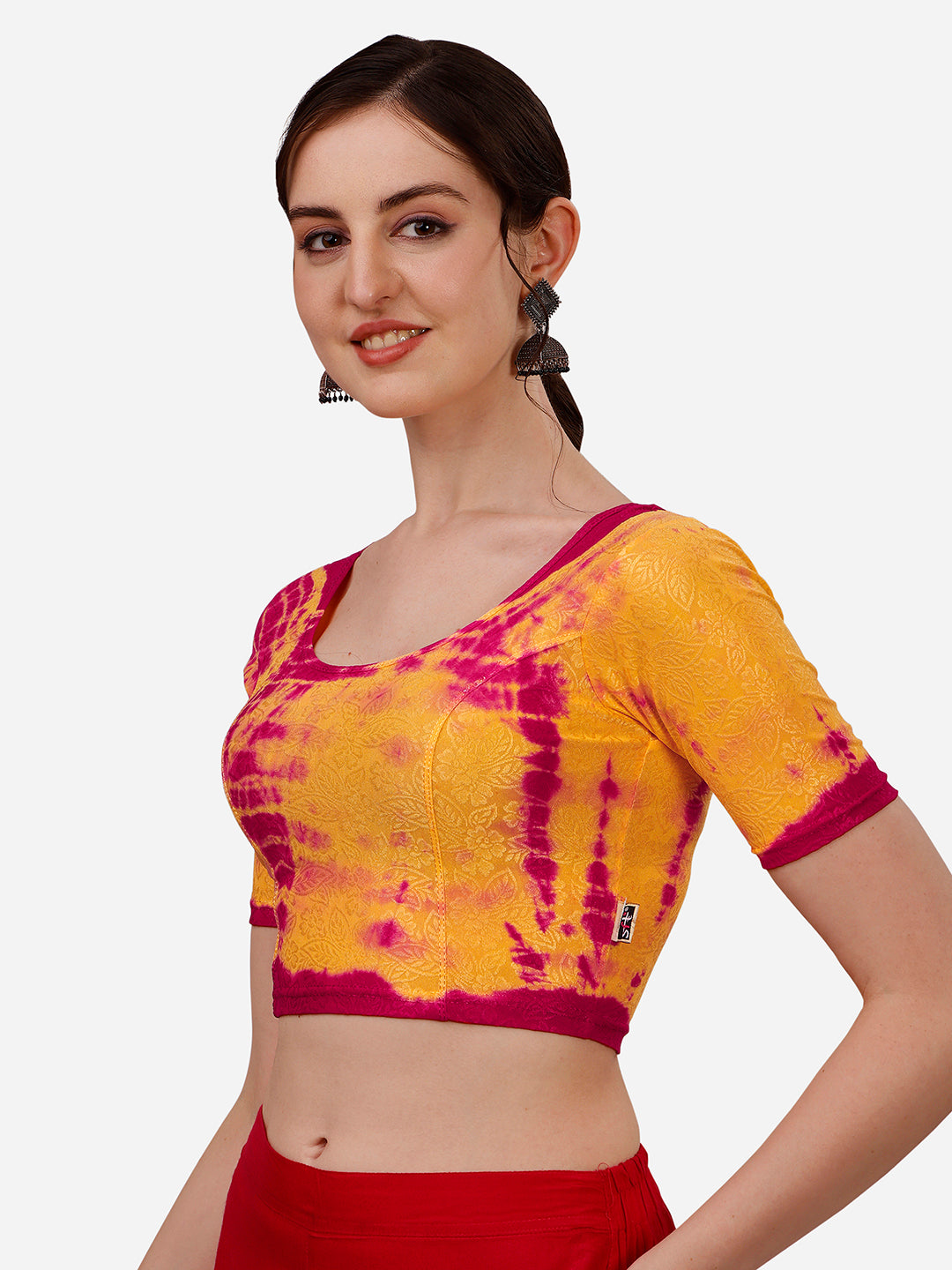 Buy Round Neck Nylon Lycra Stretchable Elbow Sleeves Readymade Saree Blouse Online.