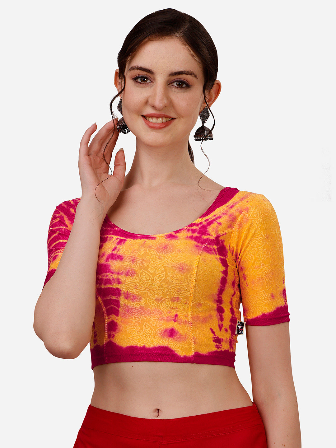 Buy Round Neck Nylon Lycra Stretchable Elbow Sleeves Readymade Saree Blouse Online.