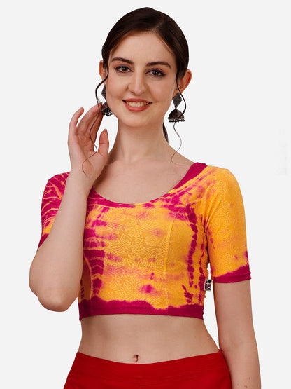 Buy Round Neck Nylon Lycra Stretchable Elbow Sleeves Readymade Saree Blouse Online.