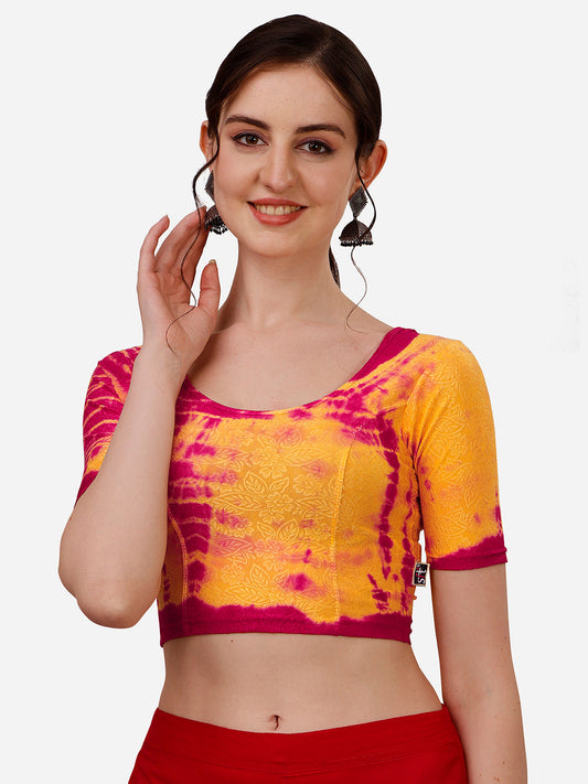 Buy Round Neck Nylon Lycra Stretchable Elbow Sleeves Readymade Saree Blouse Online.