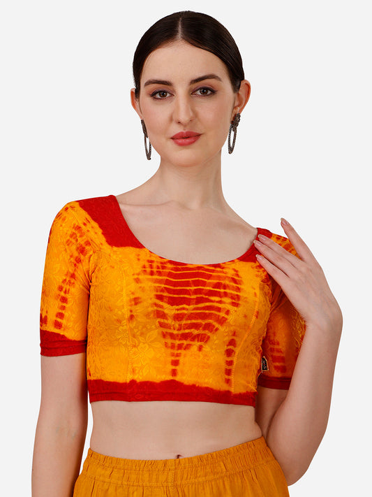 Buy Round Neck Nylon Lycra Stretchable Elbow Sleeves Readymade Saree Blouse Online.