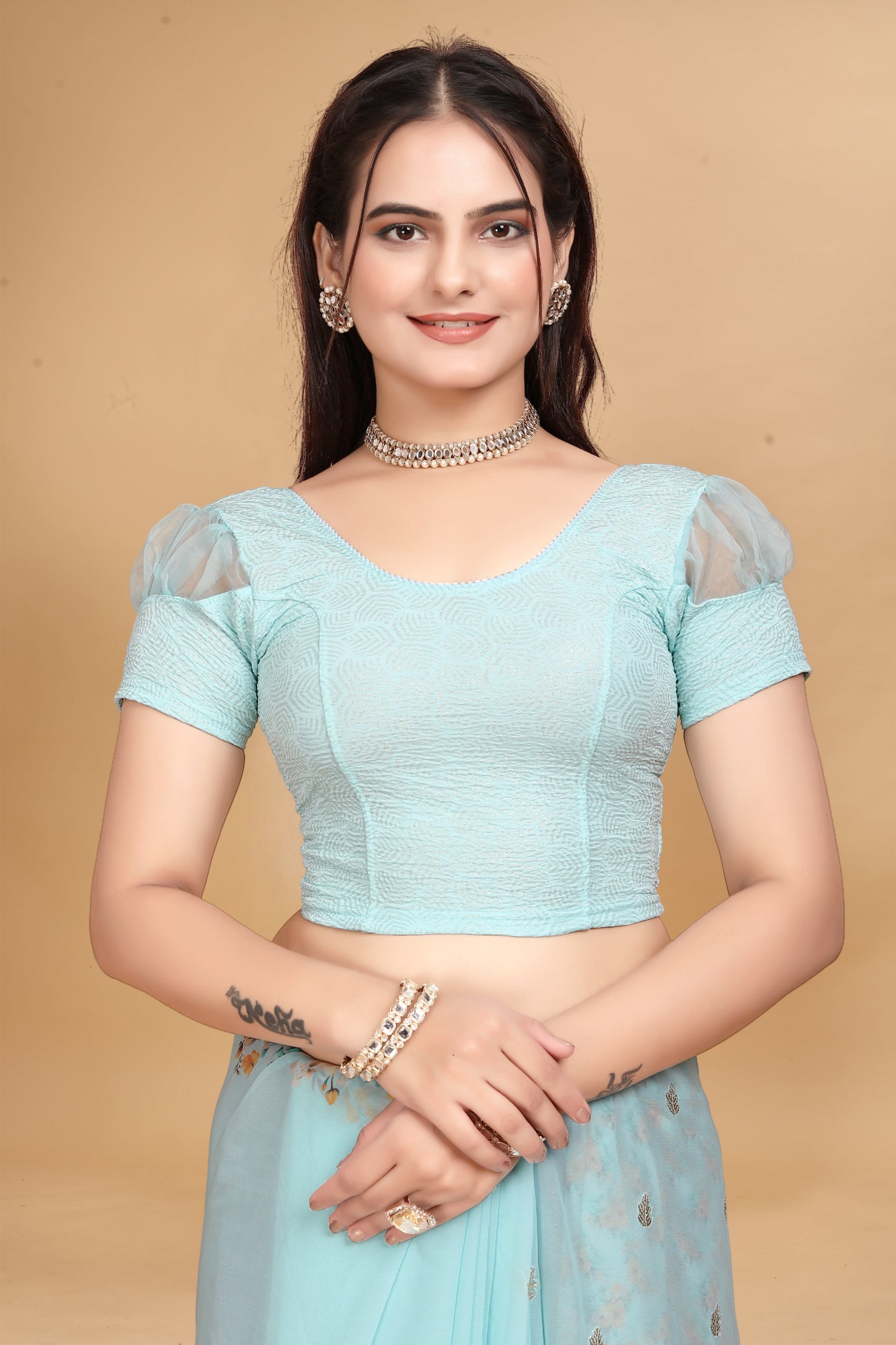 Buy Short Sleeve with Organza Patch Sleeve Readymade Sky Blue Saree Blouse Online.