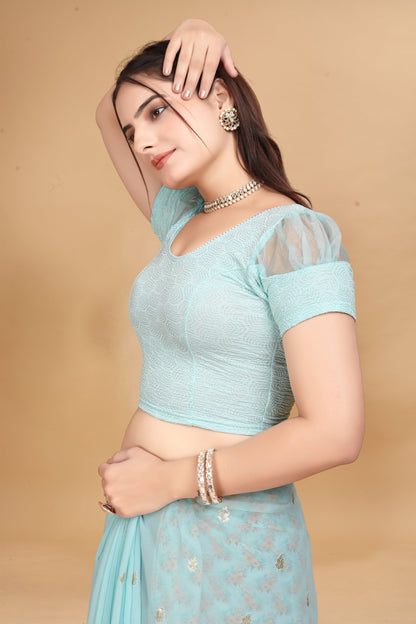 Buy Short Sleeve with Organza Patch Sleeve Readymade Sky Blue Saree Blouse Online.