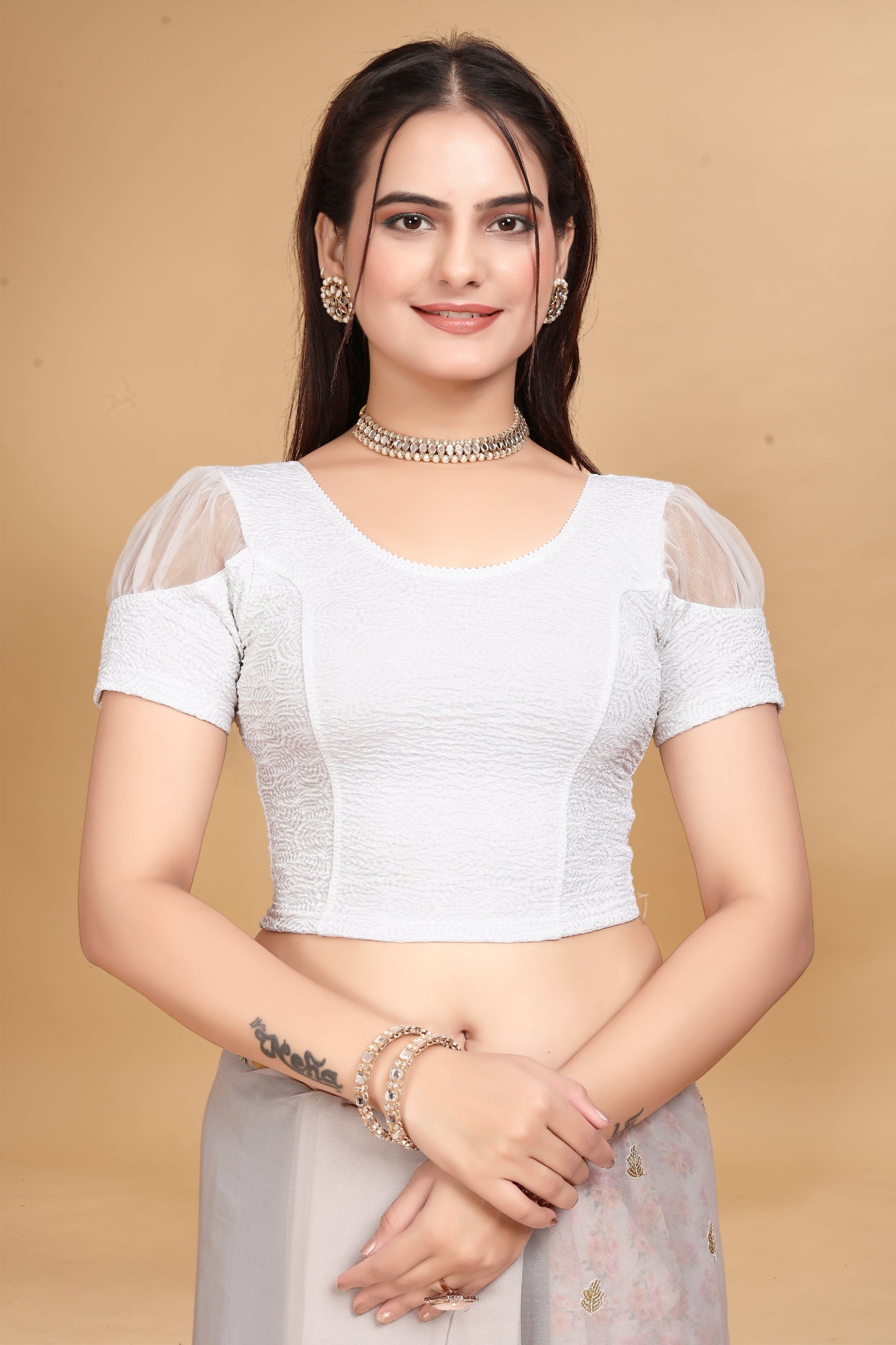 Buy Short Sleeve with Organza Patch Sleeve Readymade White Saree Blouse Online.