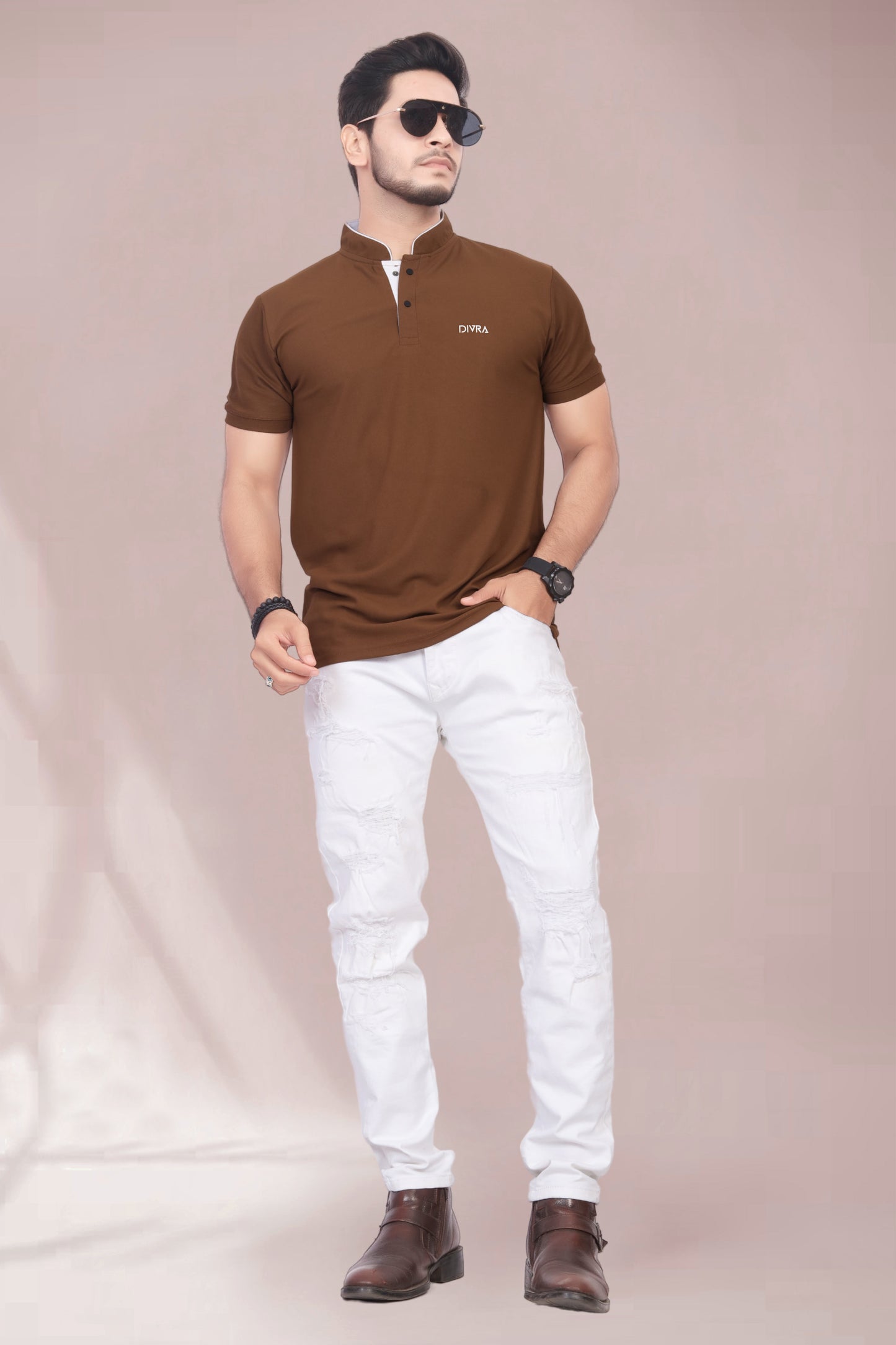 Buy Mandarin Collar Tshirt for Men Brown online
