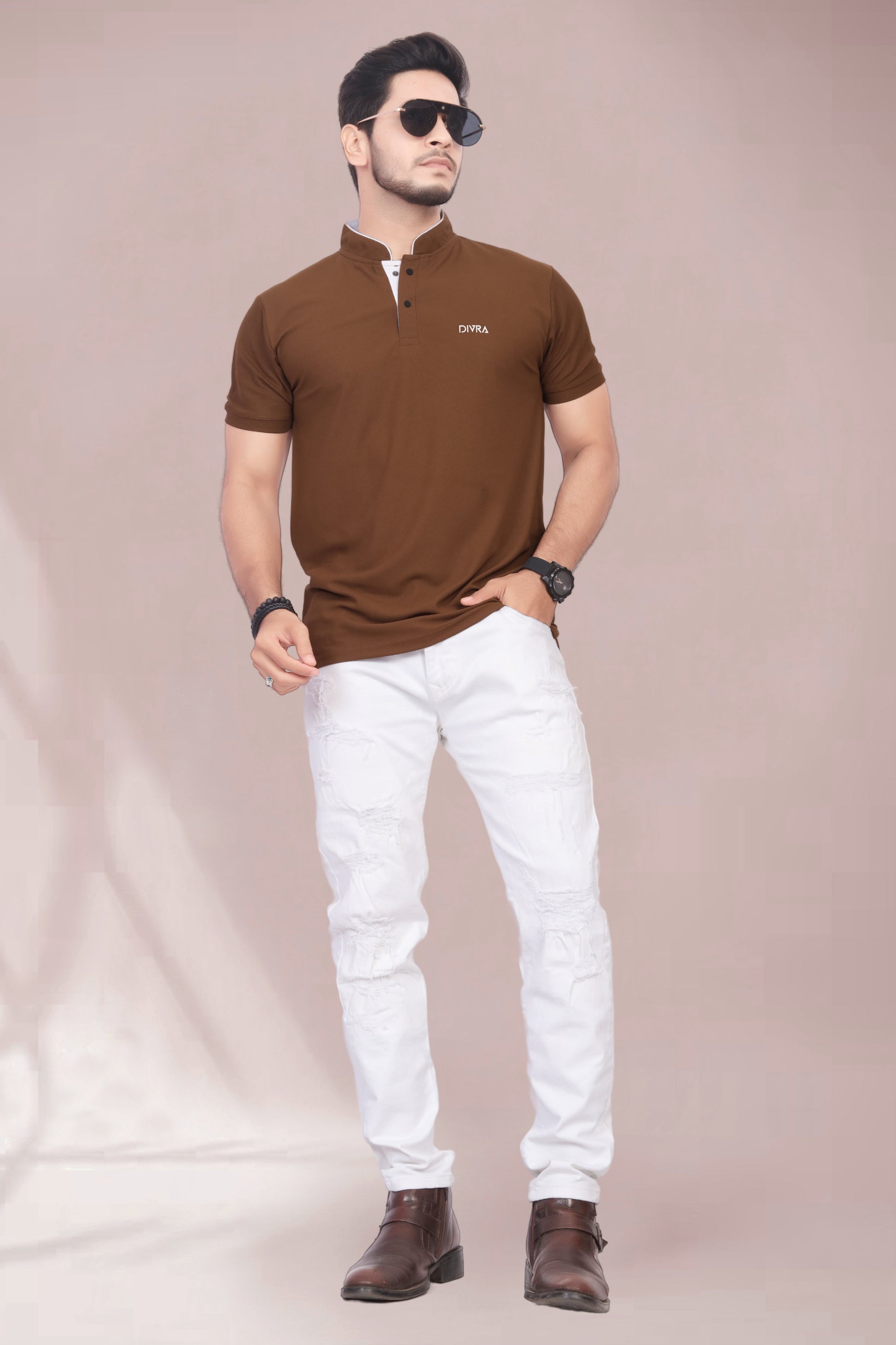 Buy Mandarin Collar Tshirt for Men Brown online