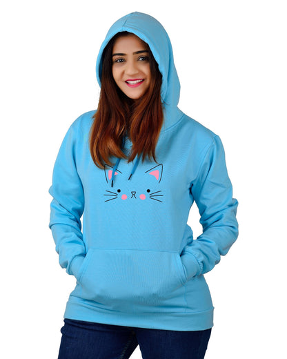 Women,s Regular Fit Cat Printed Cotton Hoodie