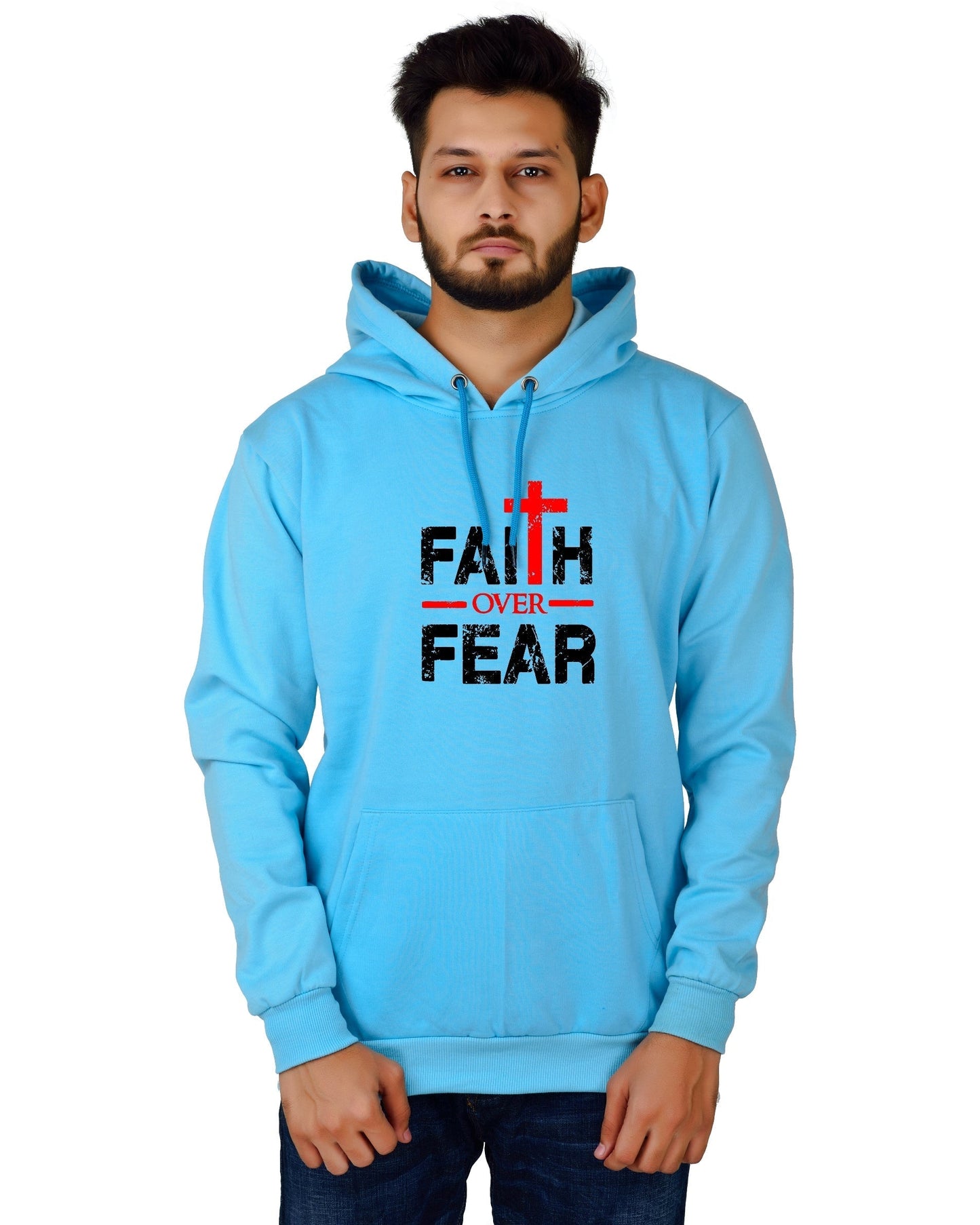 Men's Regular Fit Faith Over Fear Printed Cotton Hoodie