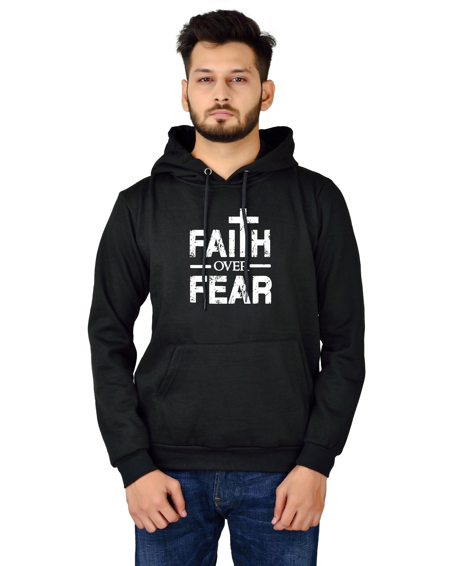 Men's Regular Fit Faith Over Fear Printed Cotton Hoodie