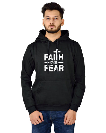 Men's Regular Fit Faith Over Fear Printed Cotton Hoodie