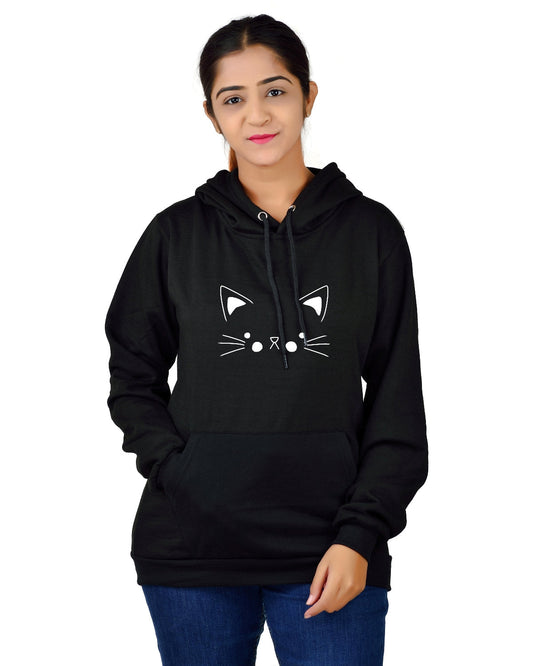 Women,s Regular Fit Cat Printed Cotton Hoodie