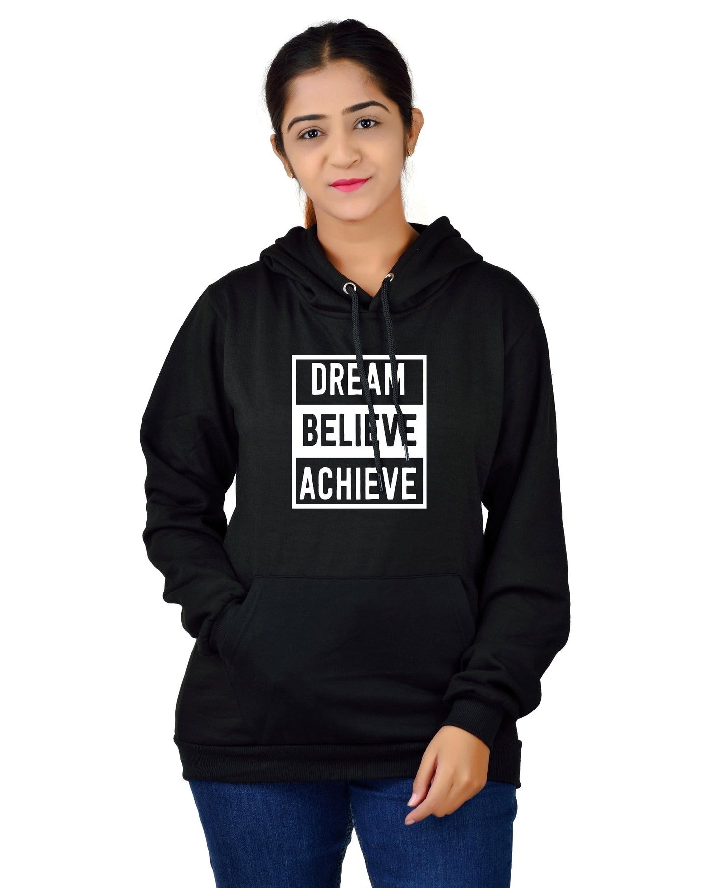 Women,s Regular Fit Dream Believe Achieve Printed Cotton Hoodie