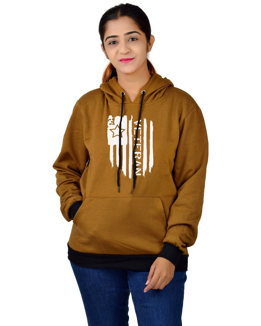 Women,s Regular Fit Vetran Printed Cotton Hoodie