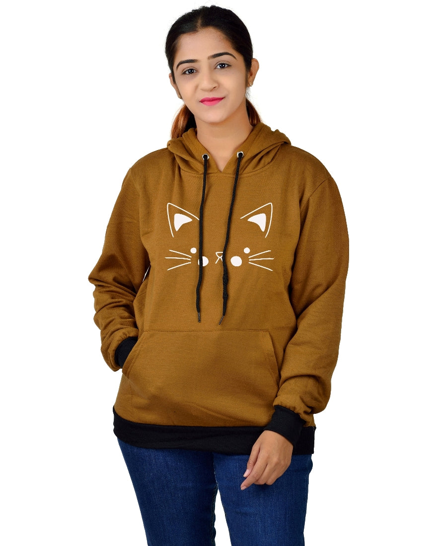 Women,s Regular Fit Cat Printed Cotton Hoodie