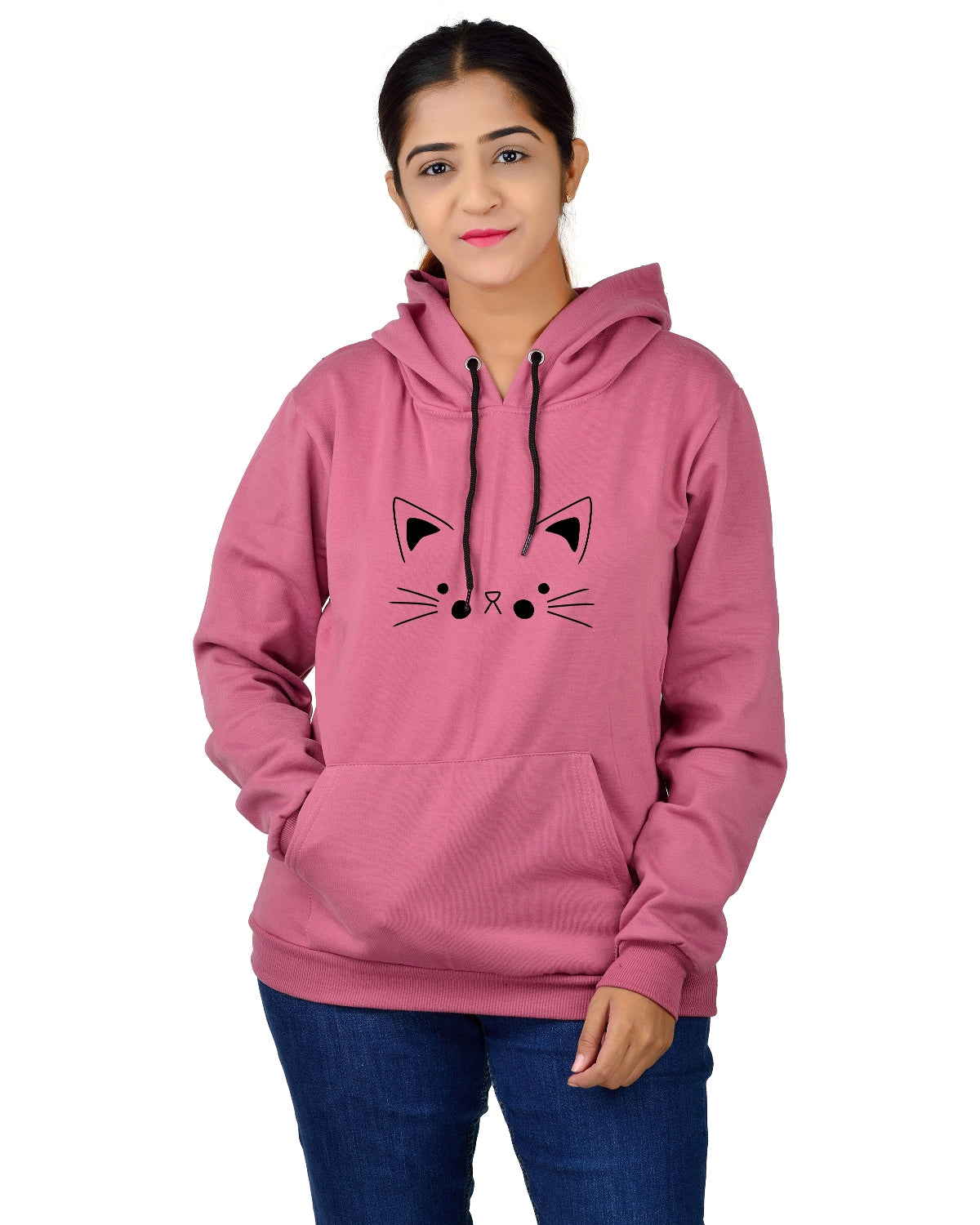 Women,s Regular Fit Cat Printed Cotton Hoodie