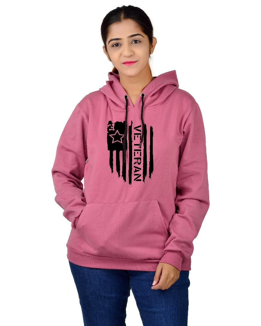 Women,s Regular Fit Vetran Printed Cotton Hoodie