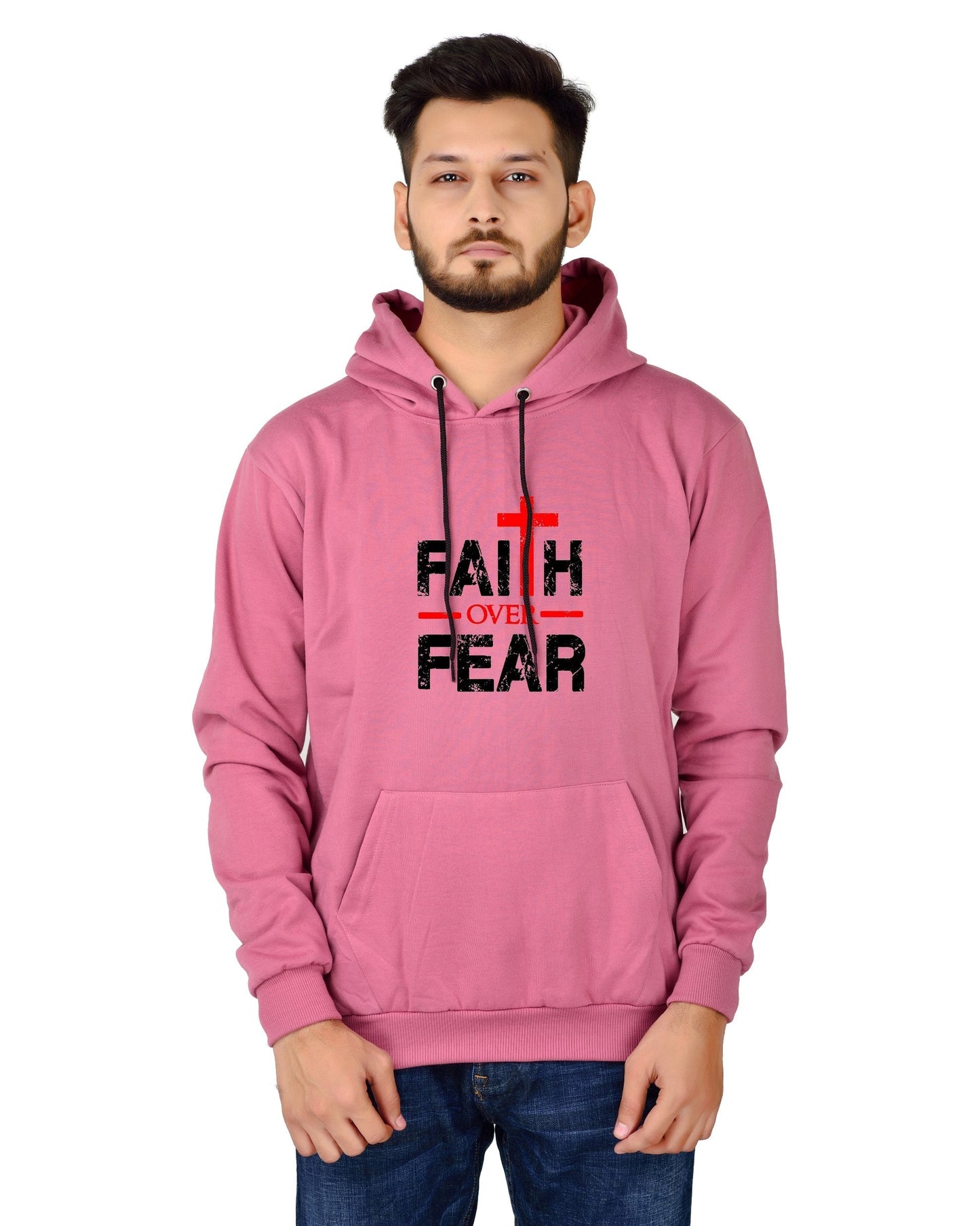 Men's Regular Fit Faith Over Fear Printed Cotton Hoodie