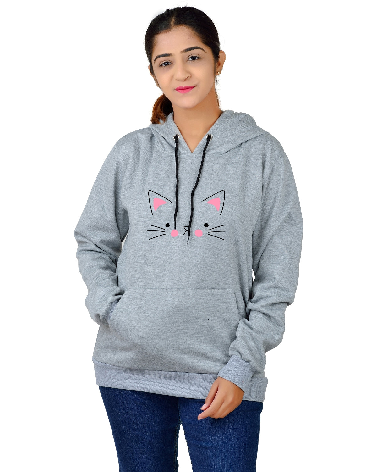 Women,s Regular Fit Cat Printed Cotton Hoodie