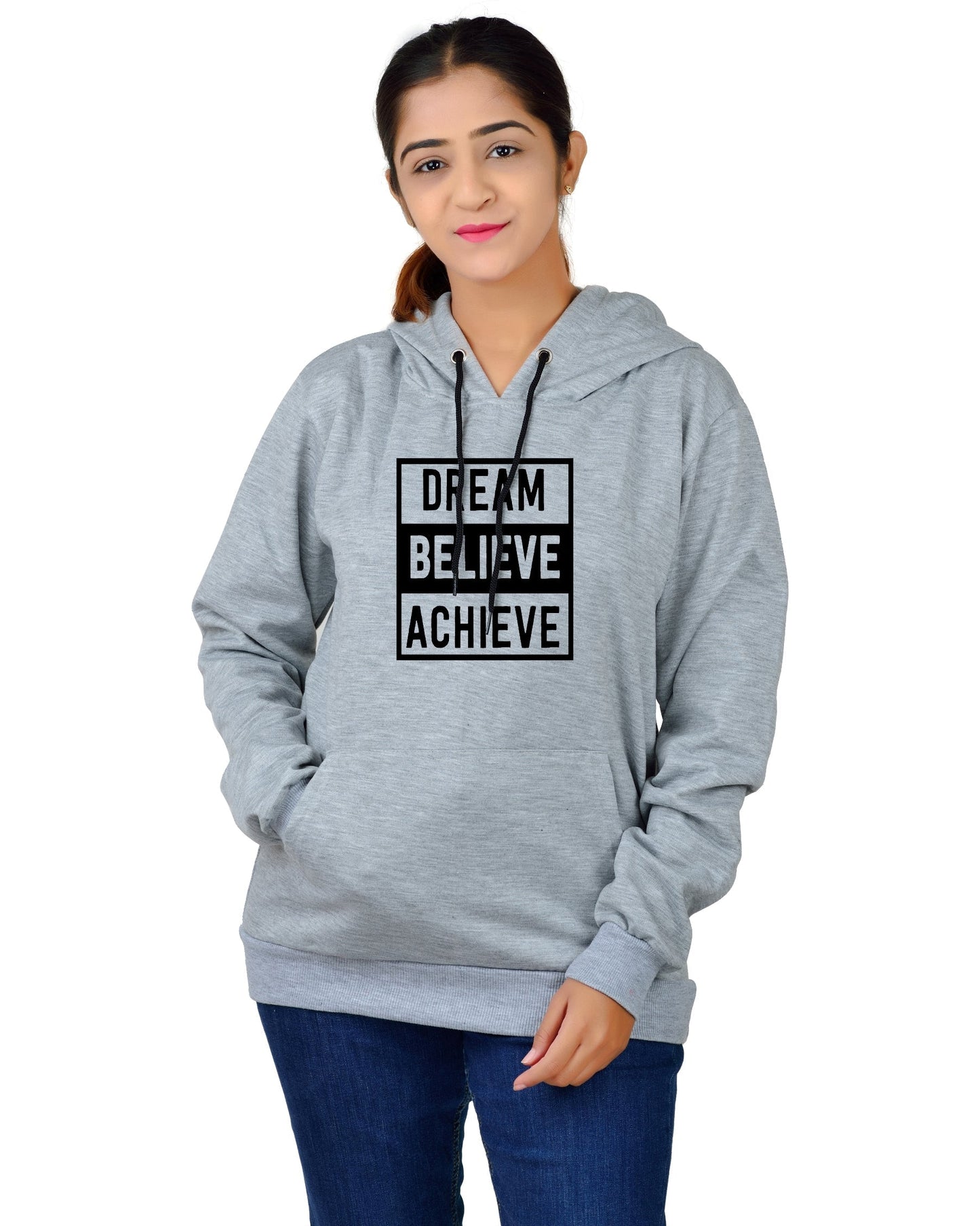 Women,s Regular Fit Dream Believe Achieve Printed Cotton Hoodie