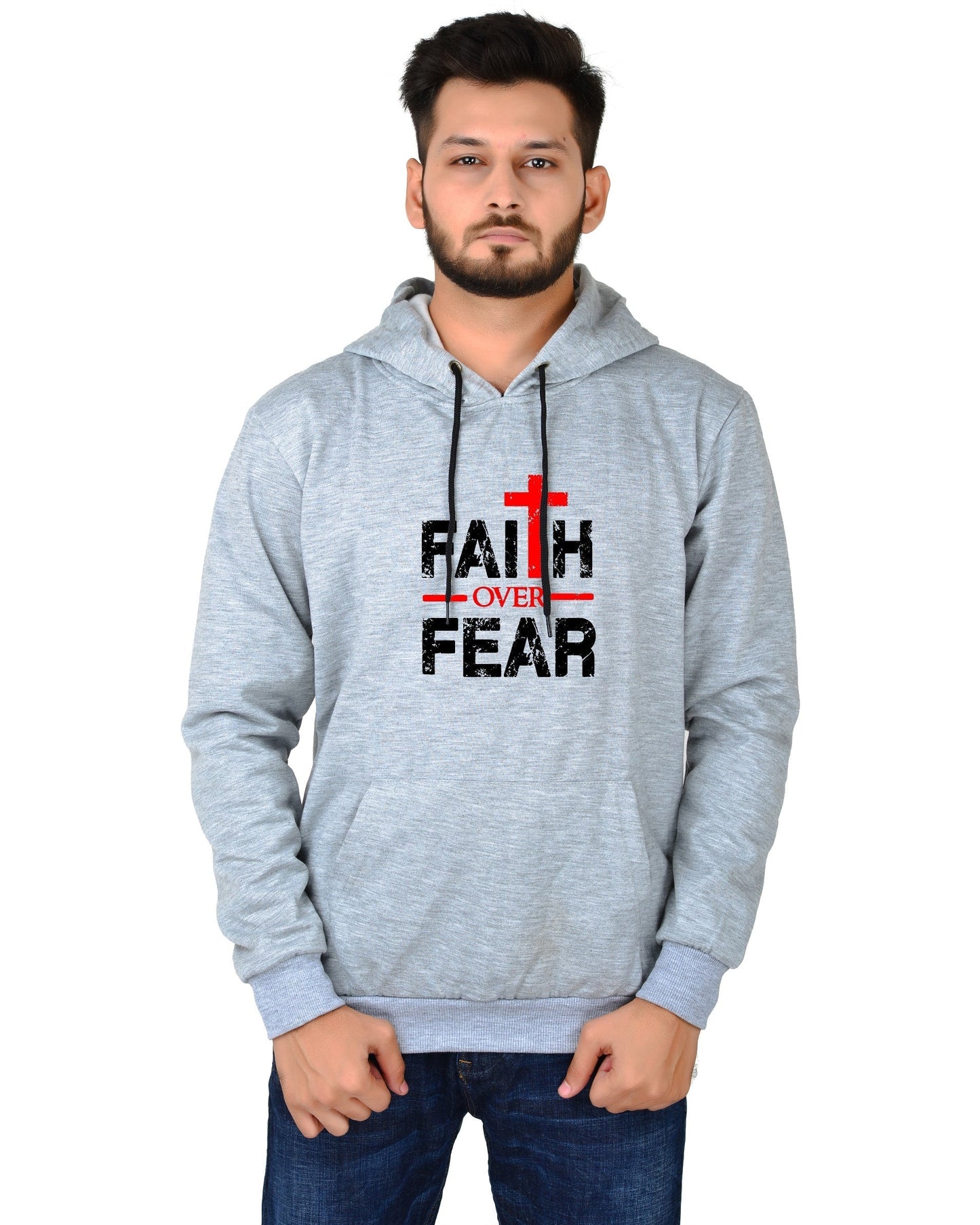 Men's Regular Fit Faith Over Fear Printed Cotton Hoodie