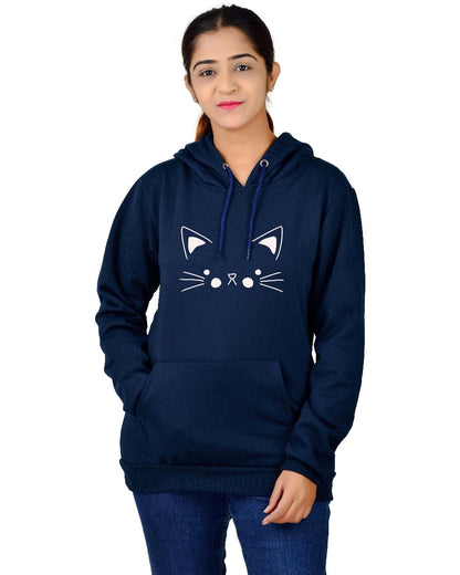 Women,s Regular Fit Cat Printed Cotton Hoodie