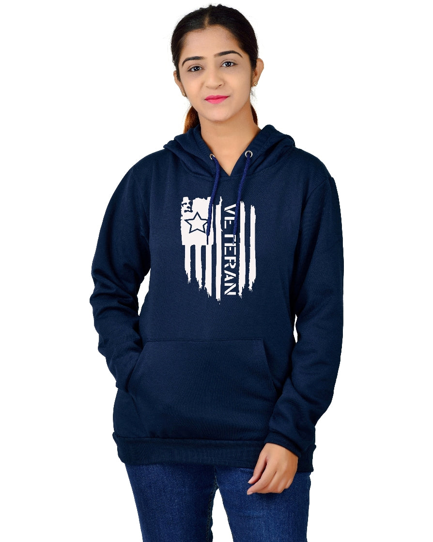Women,s Regular Fit Vetran Printed Cotton Hoodie