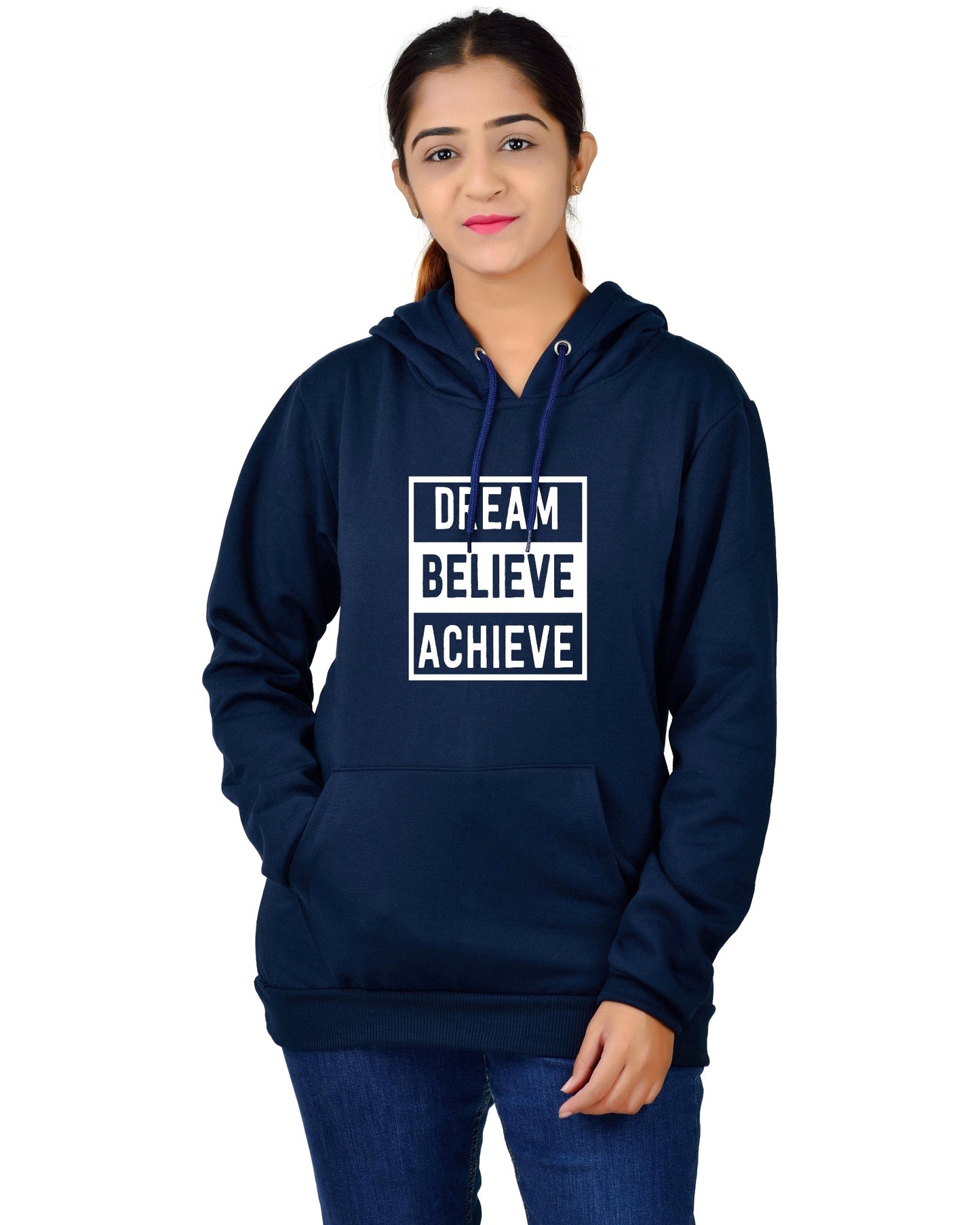 Women,s Regular Fit Dream Believe Achieve Printed Cotton Hoodie