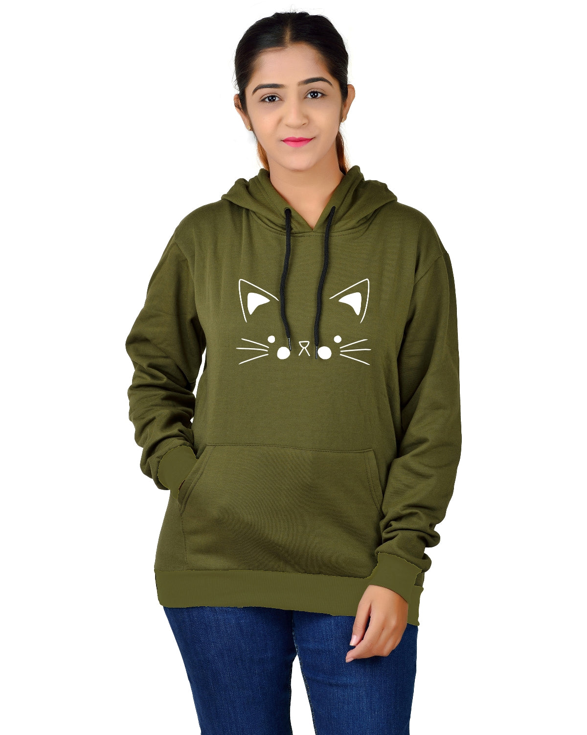 Women,s Regular Fit Cat Printed Cotton Hoodie