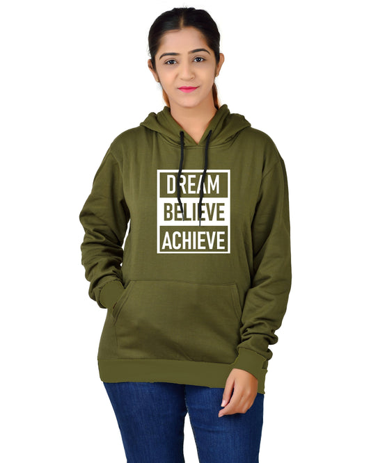 Women,s Regular Fit Dream Believe Achieve Printed Cotton Hoodie