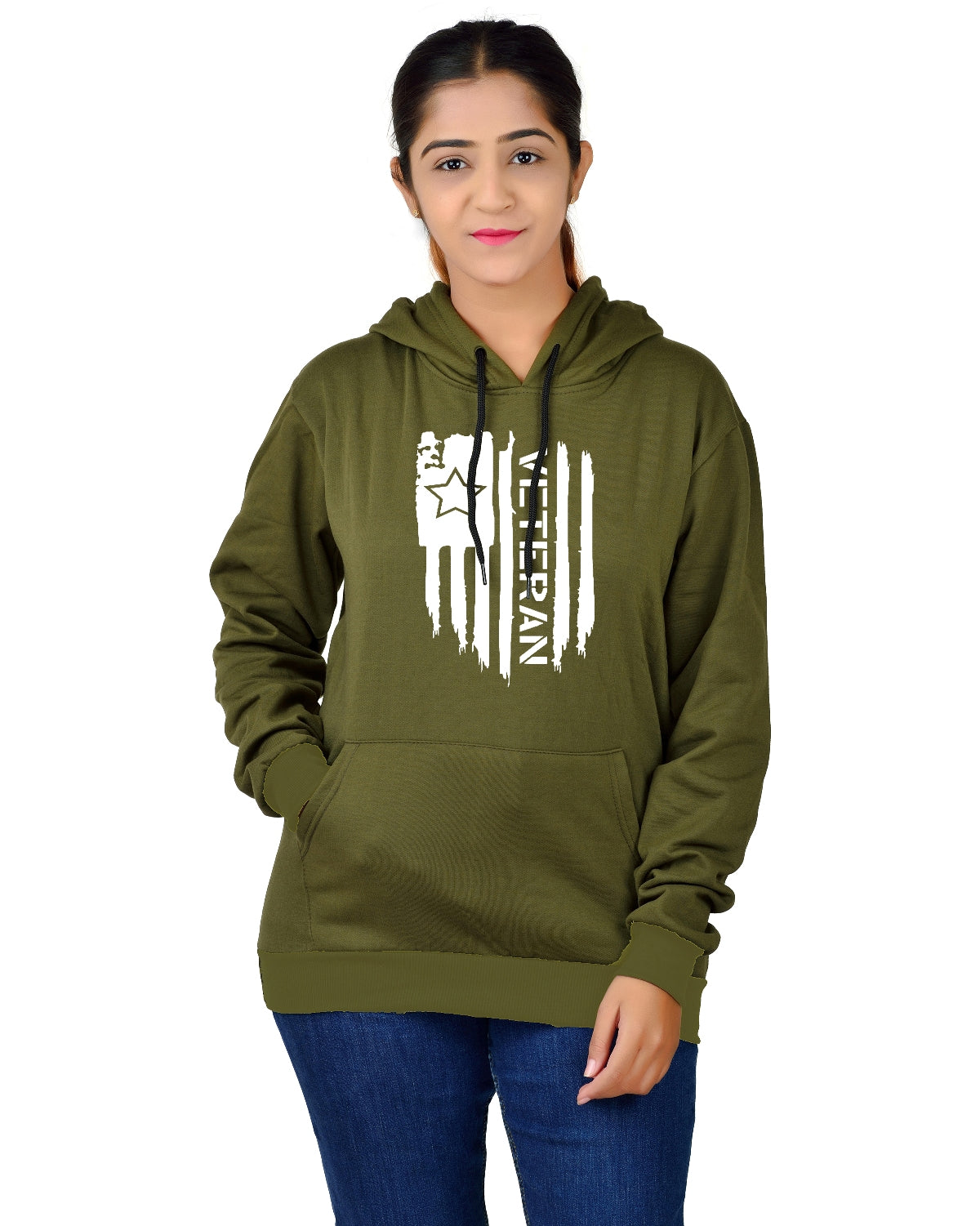 Women,s Regular Fit Vetran Printed Cotton Hoodie