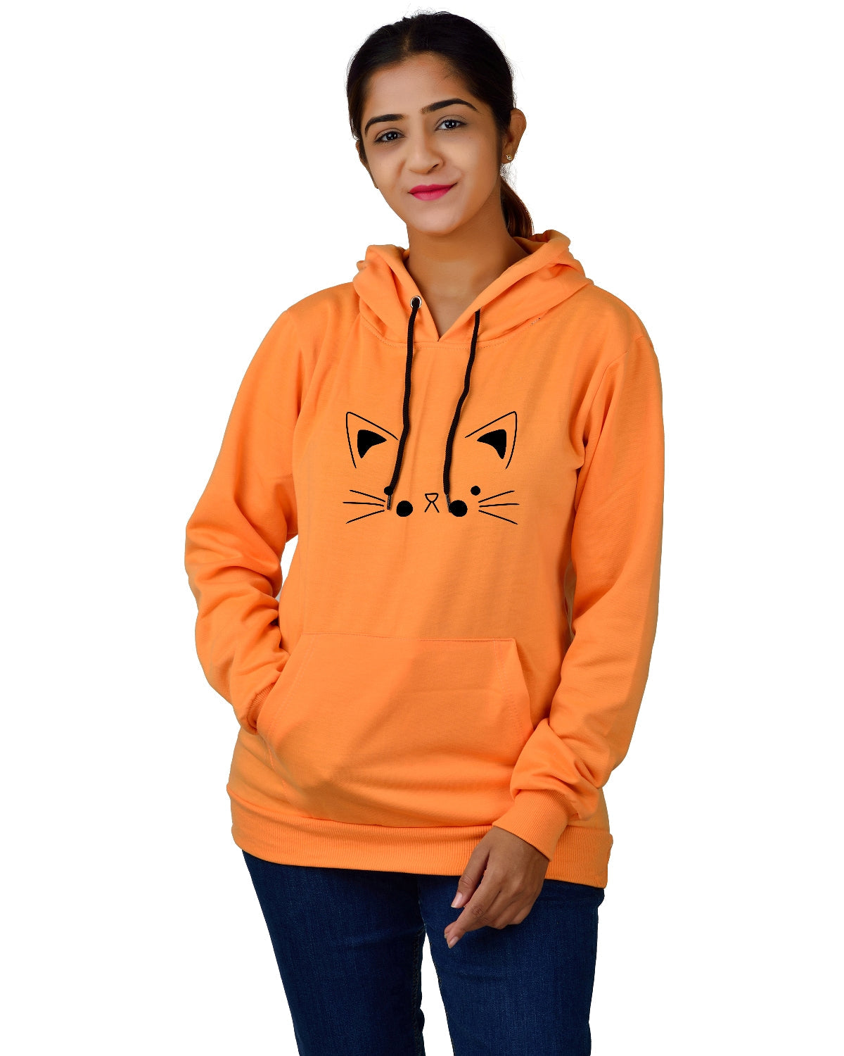 Women,s Regular Fit Cat Printed Cotton Hoodie
