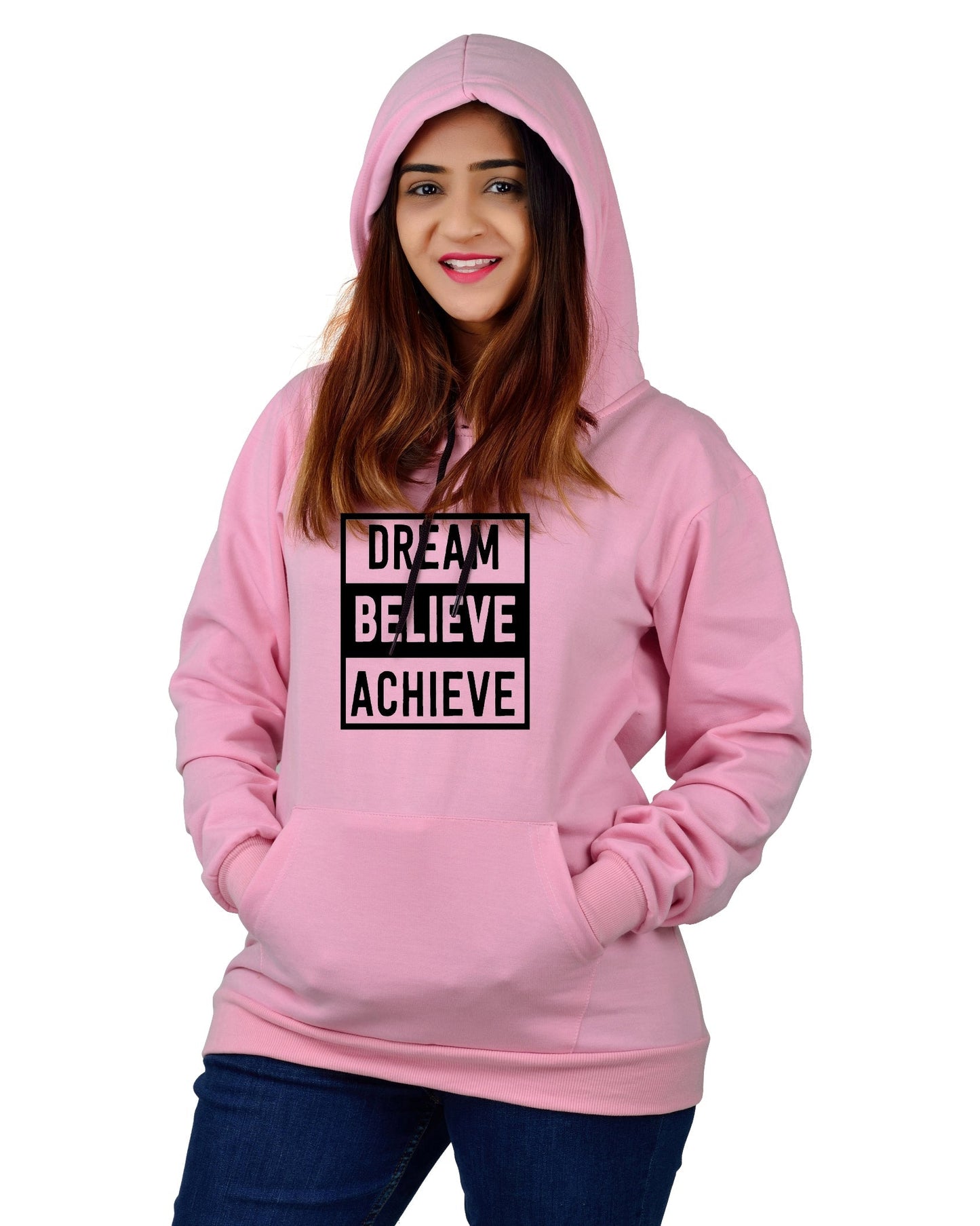 Women,s Regular Fit Dream Believe Achieve Printed Cotton Hoodie