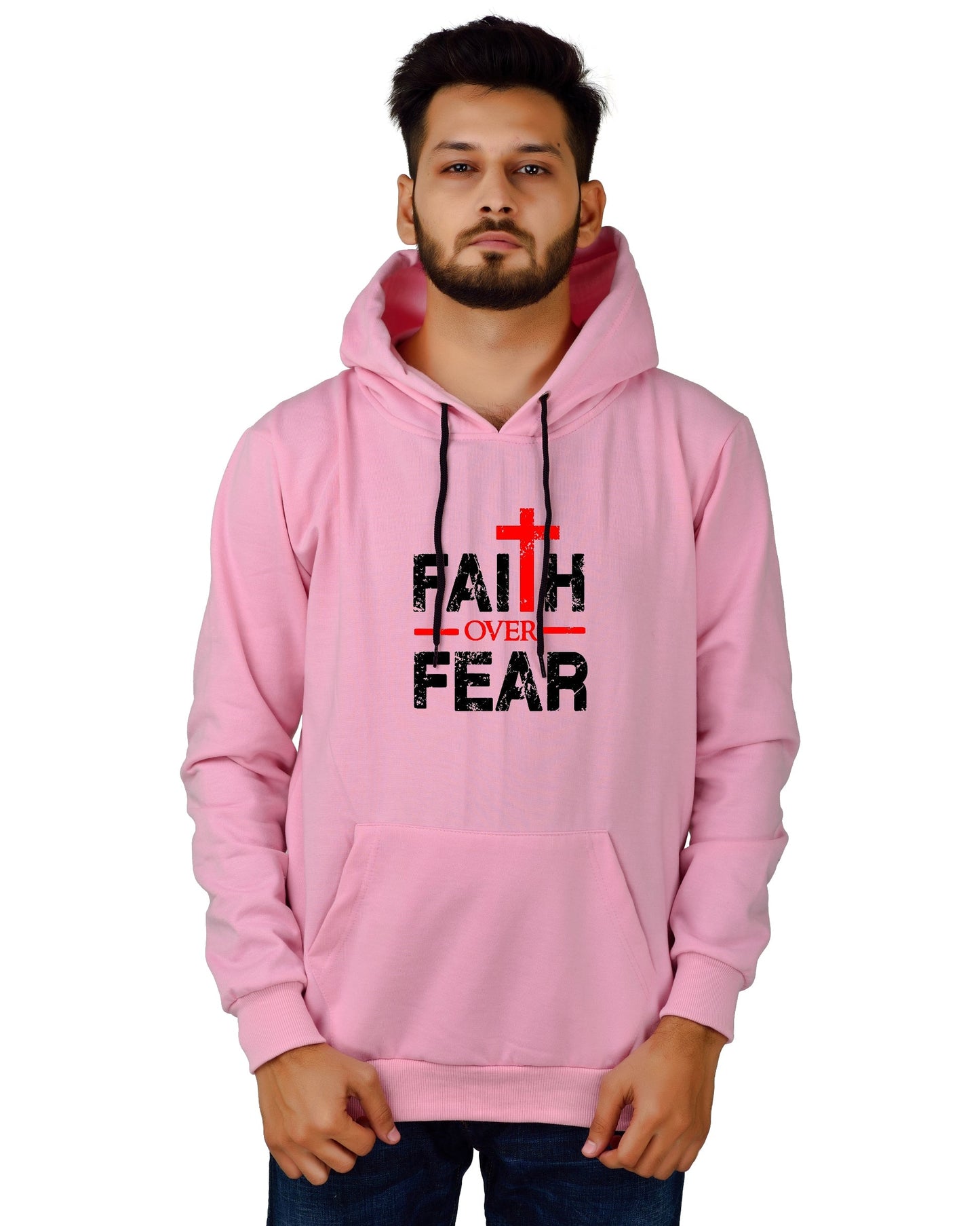 Men's Regular Fit Faith Over Fear Printed Cotton Hoodie