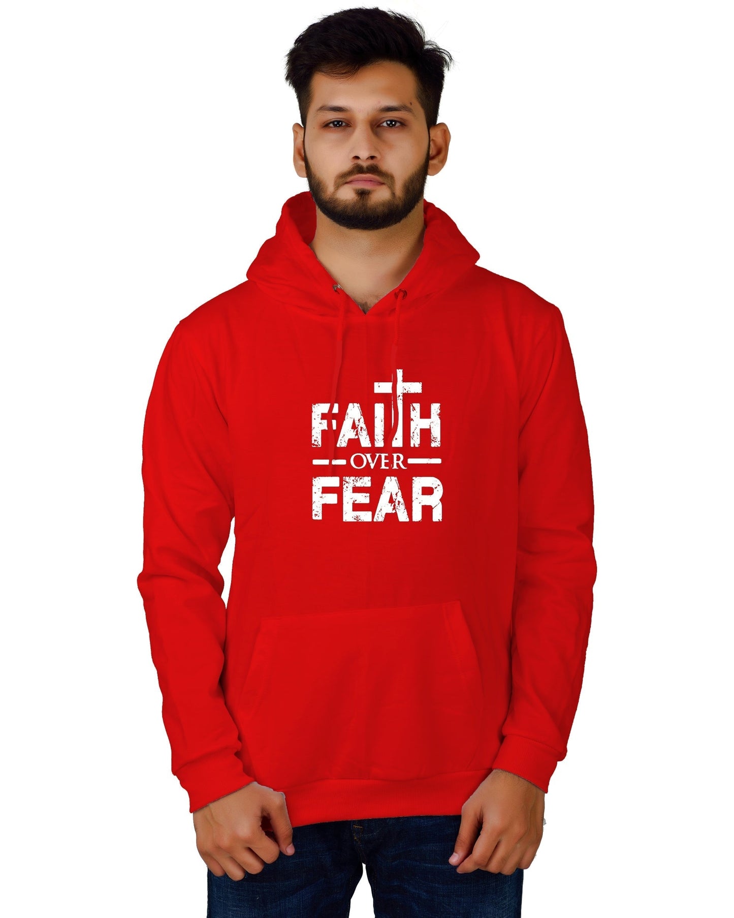 Men's Regular Fit Faith Over Fear Printed Cotton Hoodie