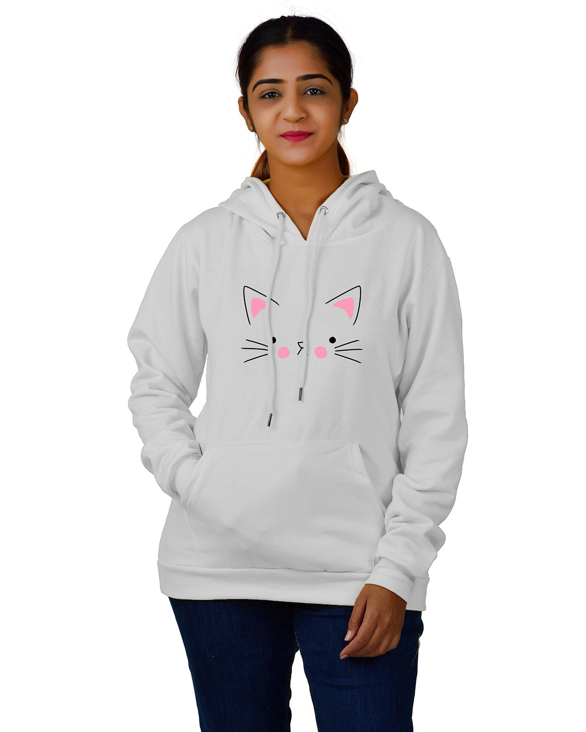 Women,s Regular Fit Cat Printed Cotton Hoodie