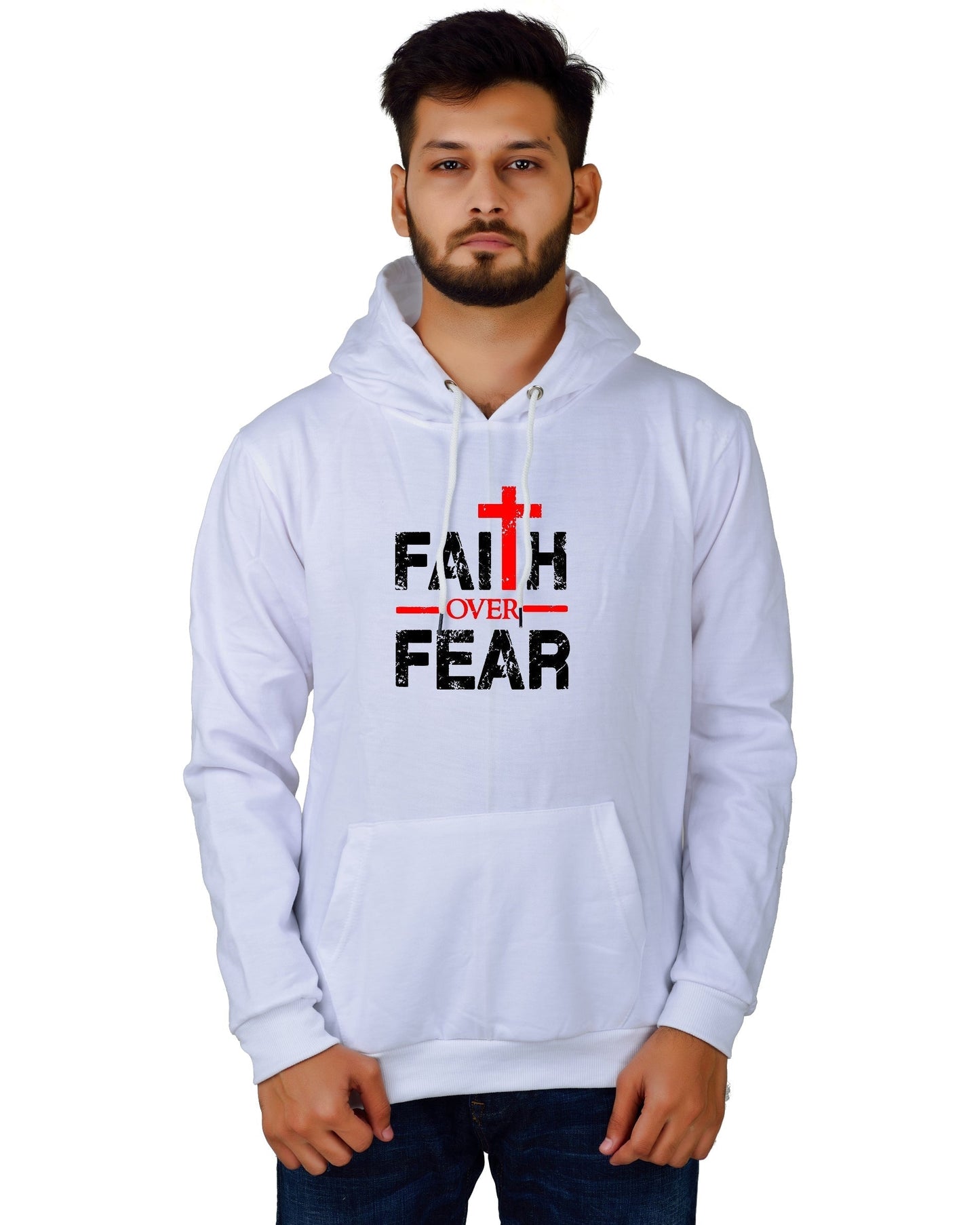 Men's Regular Fit Faith Over Fear Printed Cotton Hoodie
