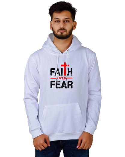 Men's Regular Fit Faith Over Fear Printed Cotton Hoodie