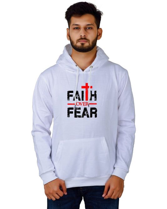 Men's Regular Fit Faith Over Fear Printed Cotton Hoodie