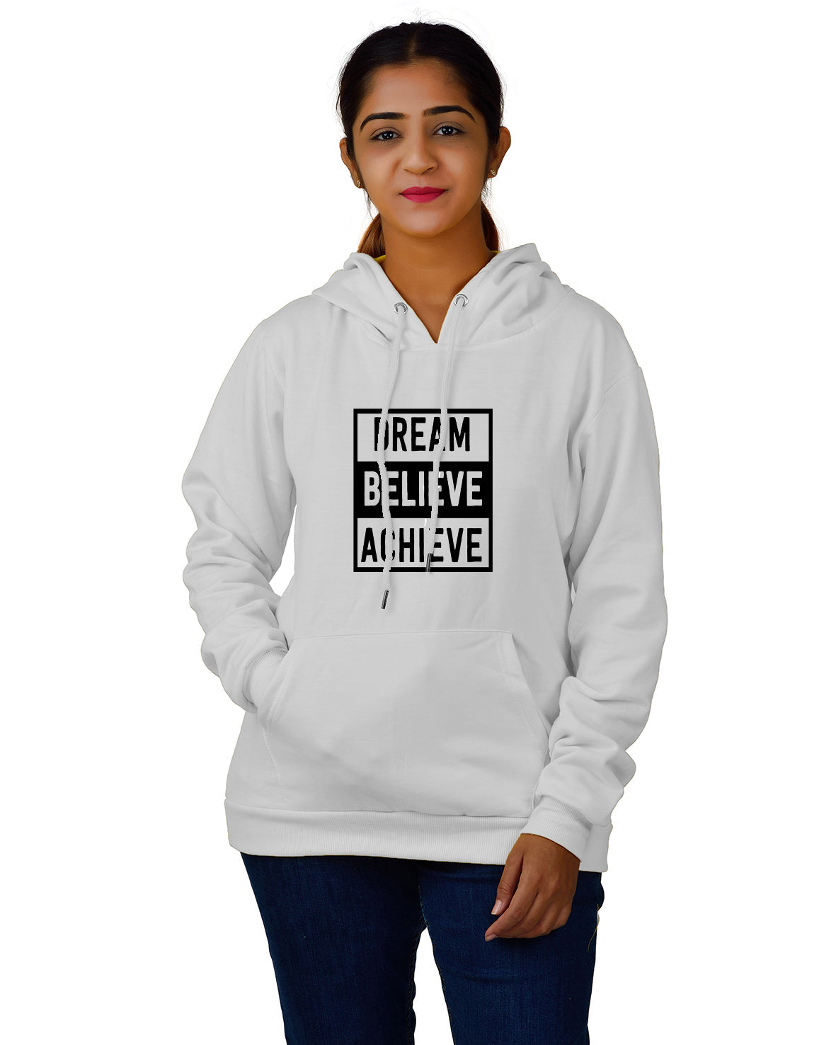 Women,s Regular Fit Dream Believe Achieve Printed Cotton Hoodie
