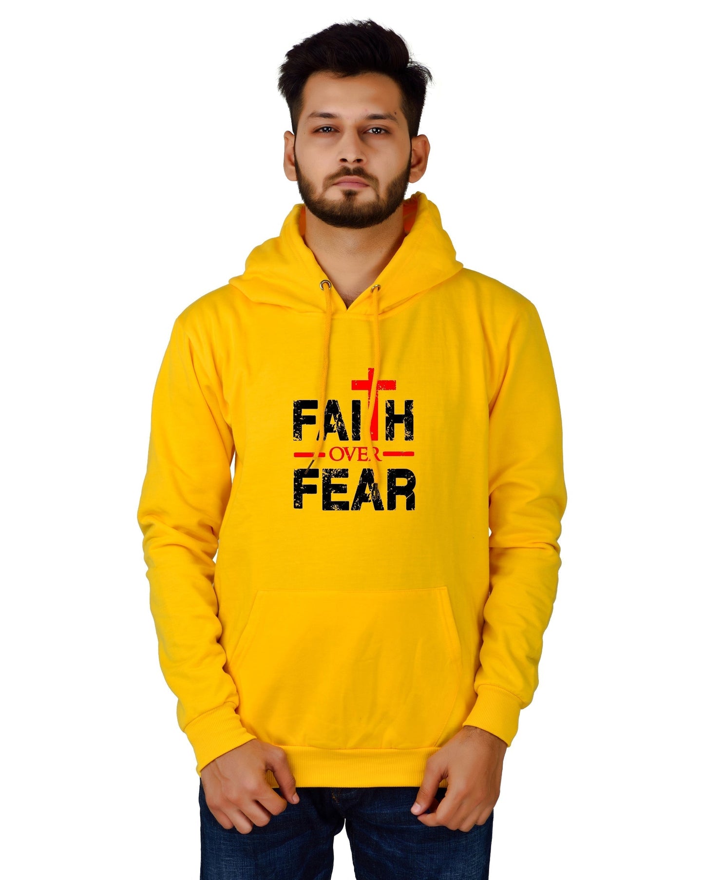 Men's Regular Fit Faith Over Fear Printed Cotton Hoodie