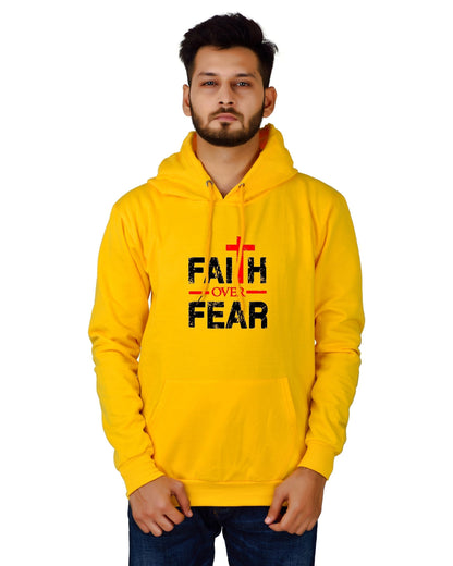 Men's Regular Fit Faith Over Fear Printed Cotton Hoodie